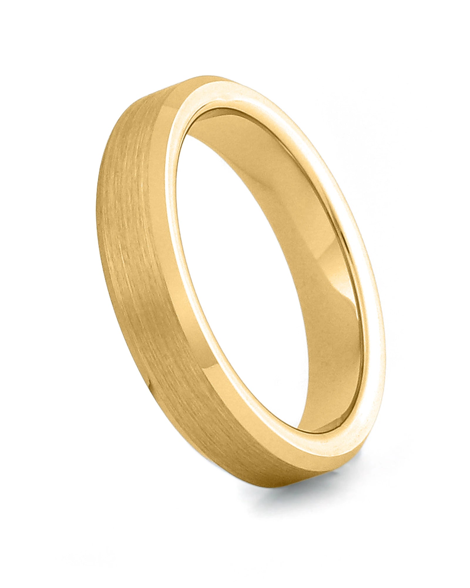 Gold 4mm bevelled tungsten wedding ring shown at an angle
