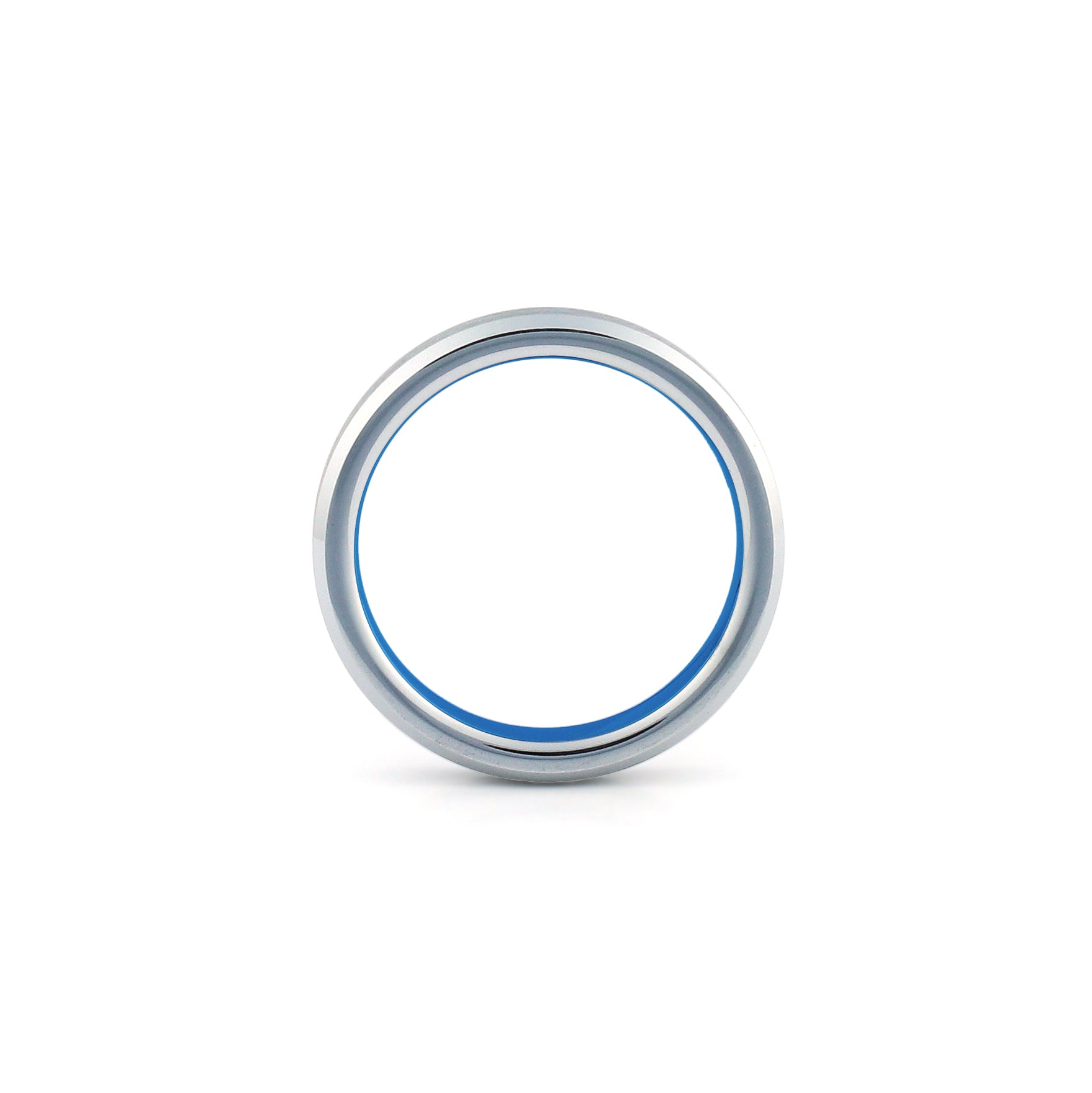 Silver tungsten wedding ring with blue sleeve brushed centre polished beveled edges 4mm