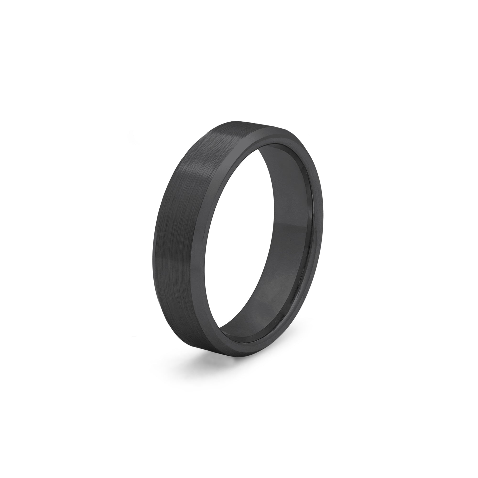 Black tungsten wedding ring with brushed centre and polished beveled edges 6mm width