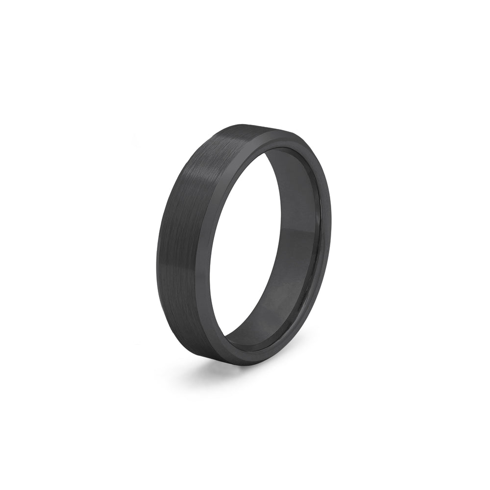 Black tungsten wedding ring with brushed centre and polished beveled edges 6mm width