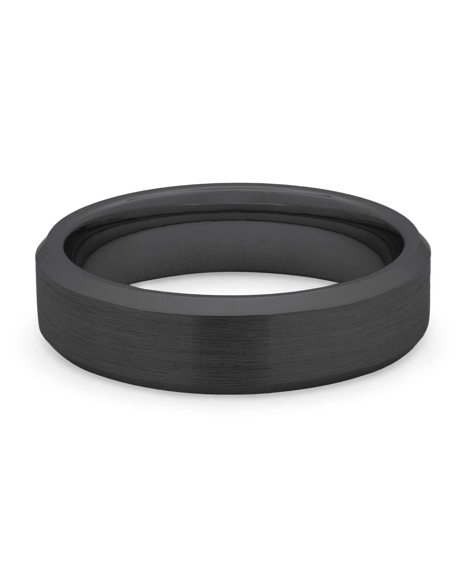 Front view of black 6mm bevelled tungsten wedding band