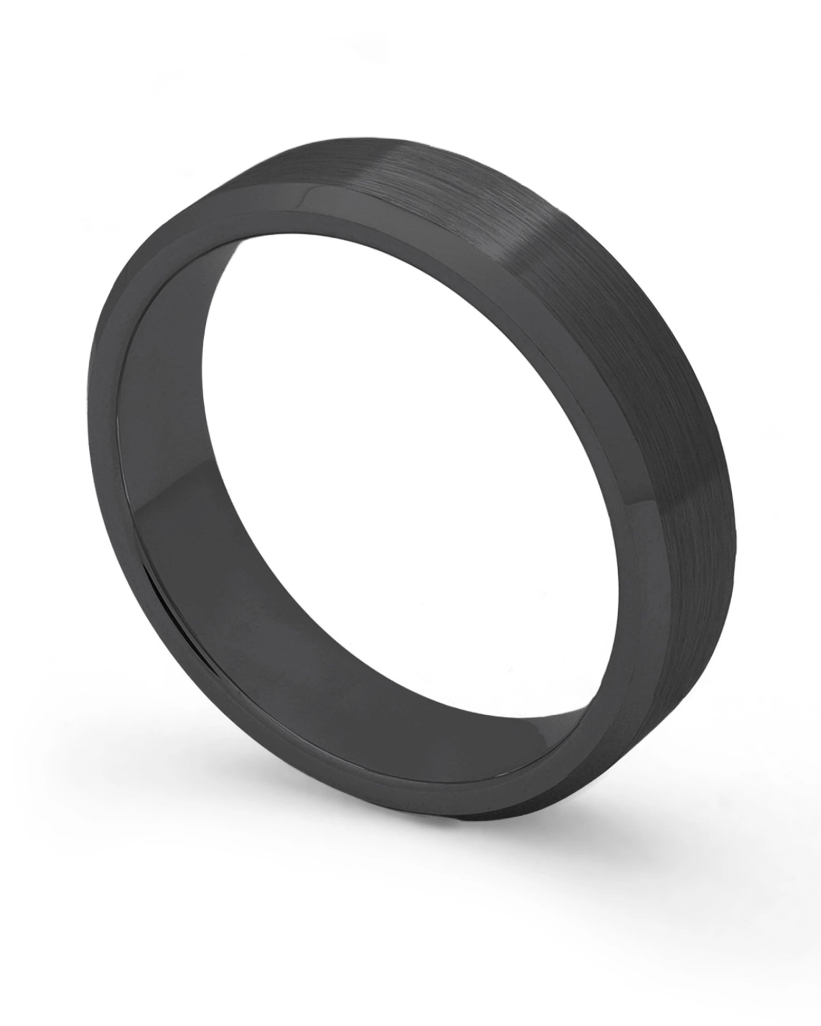 Black 6mm bevelled tungsten wedding ring shown at an angle