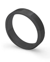 Black 6mm bevelled tungsten wedding ring shown at an angle