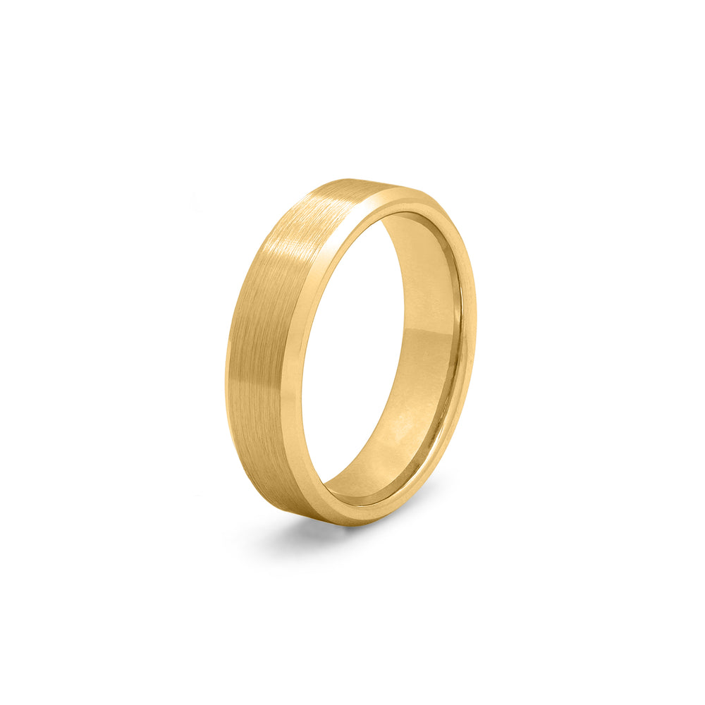 Gold tungsten wedding ring brushed centre polished beveled edges 6mm