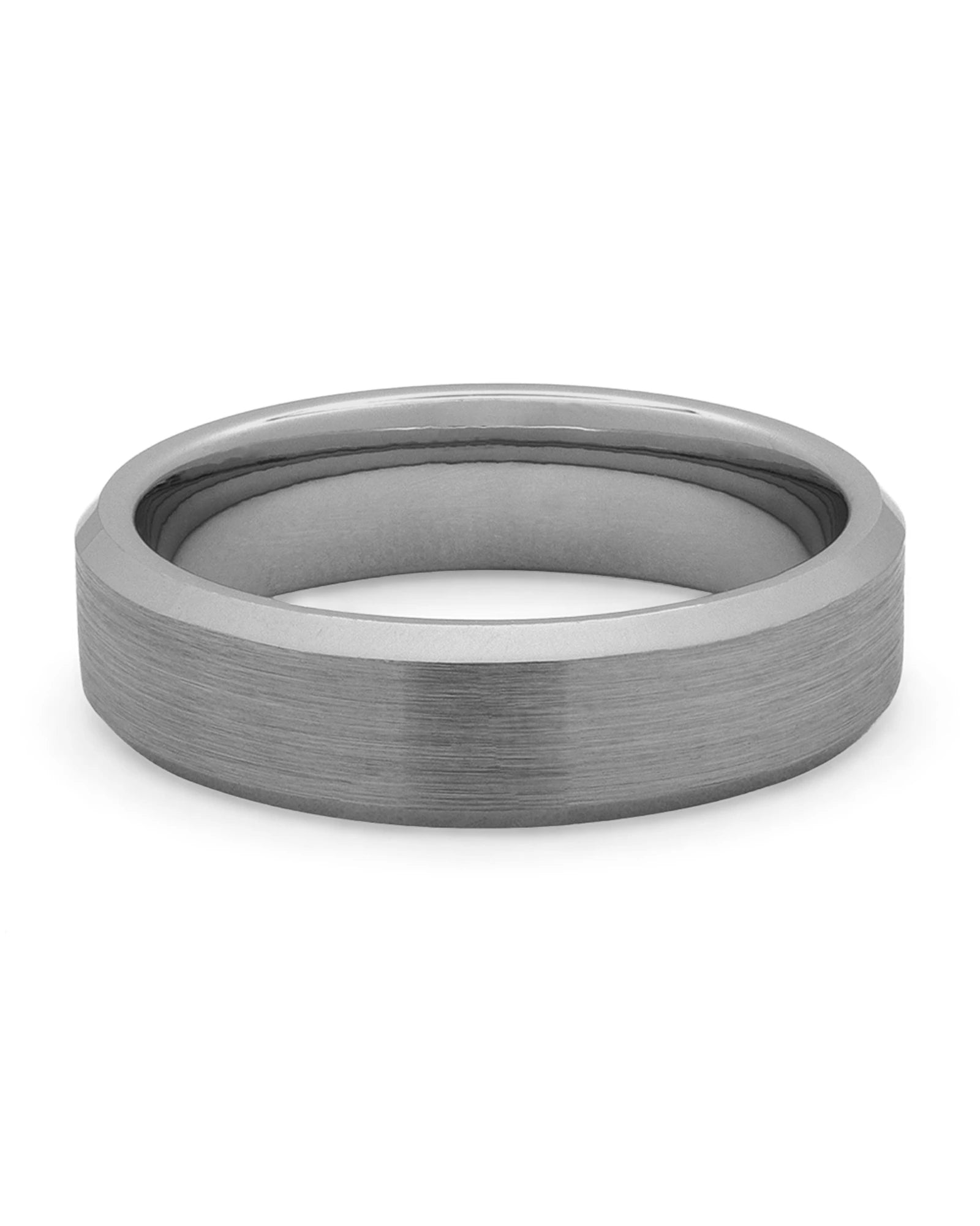 Front view of gunmetal 6mm bevelled tungsten wedding band