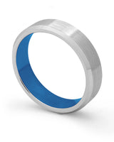 Silver and blue 6mm bevelled tungsten ring shown at an angle
