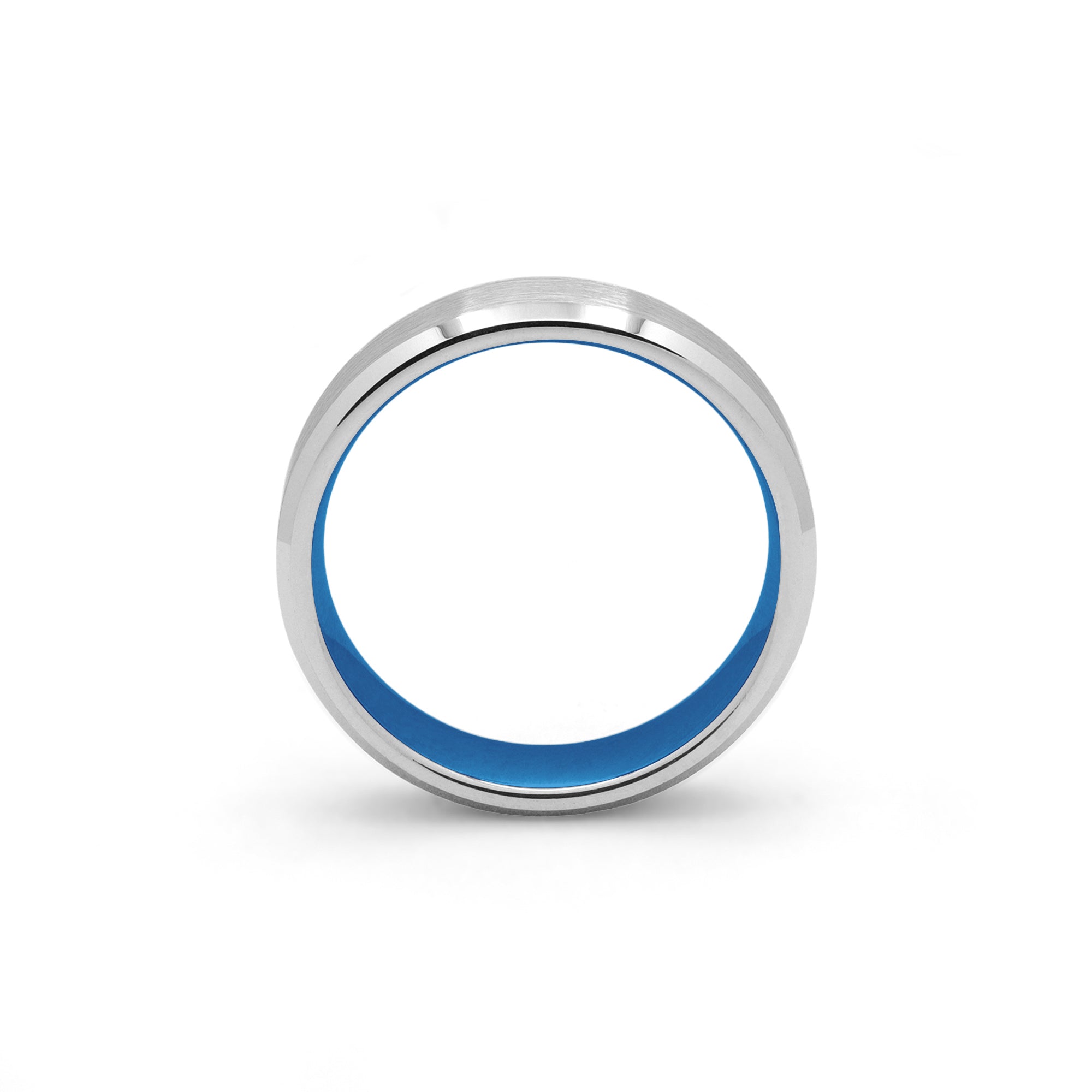 Silver tungsten wedding ring with blue sleeve brushed centre polished beveled edges 6mm