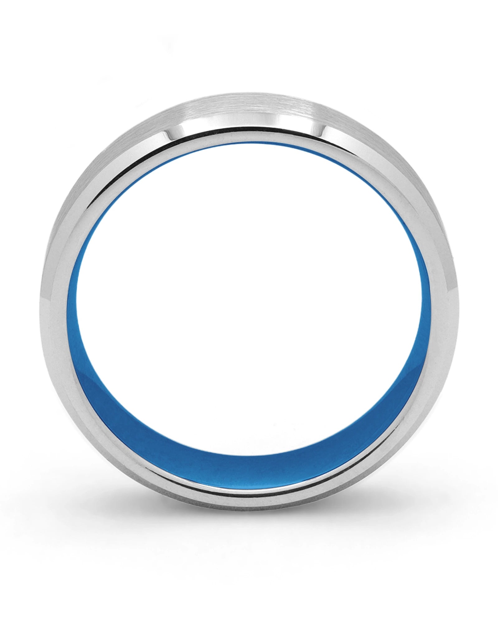 Side view of silver and blue 6mm bevelled tungsten wedding ring