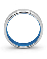 Side view of silver and blue 6mm bevelled tungsten wedding ring