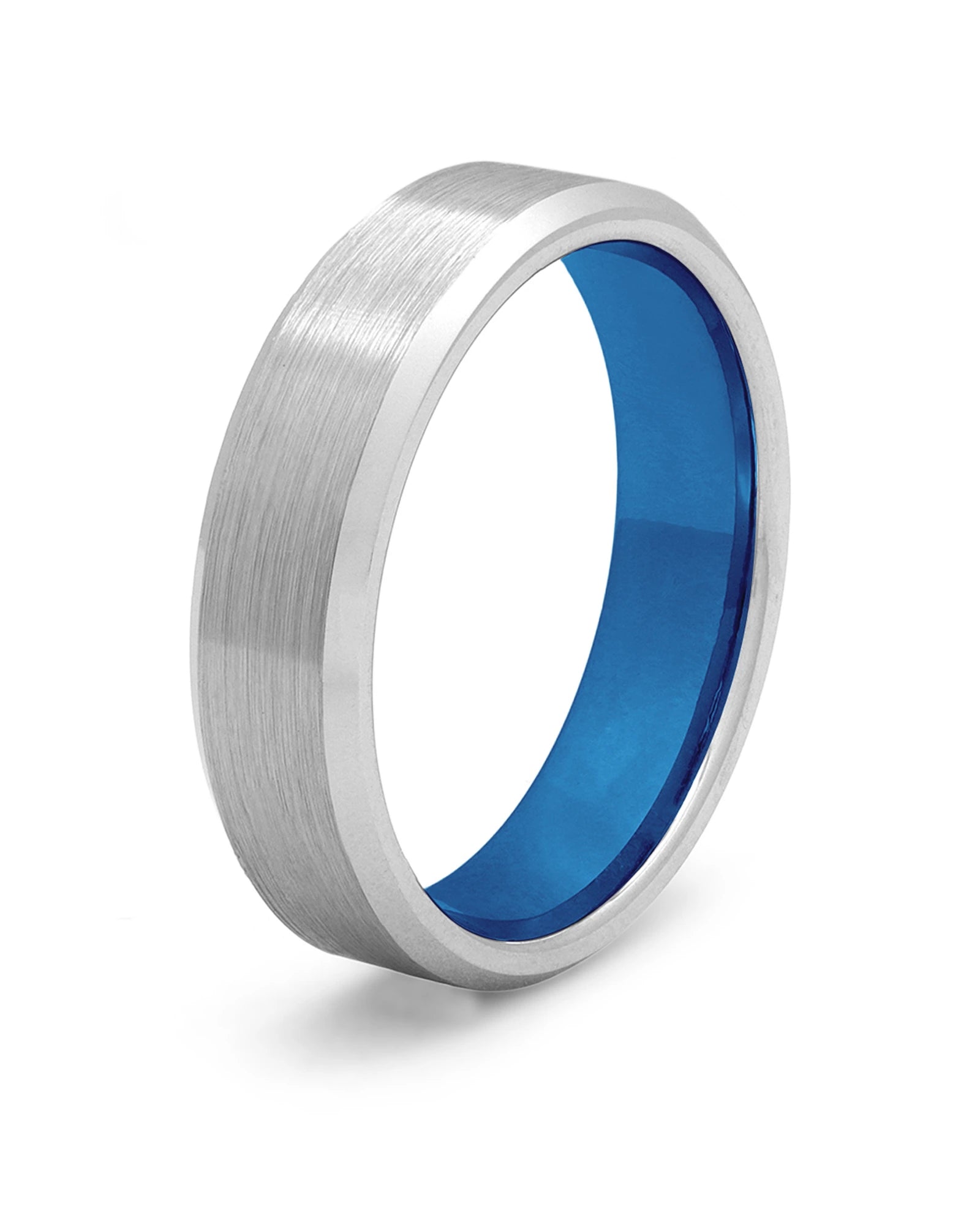 Silver and blue bevelled tungsten wedding ring for men, 6mm band