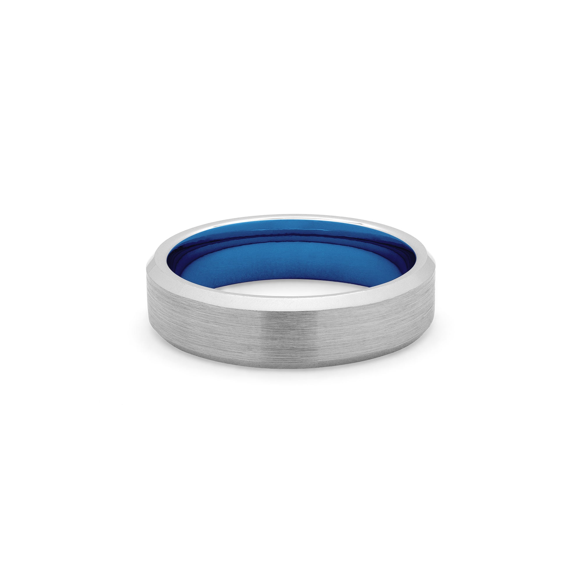 Silver tungsten wedding ring with blue sleeve brushed centre polished beveled edges 6mm