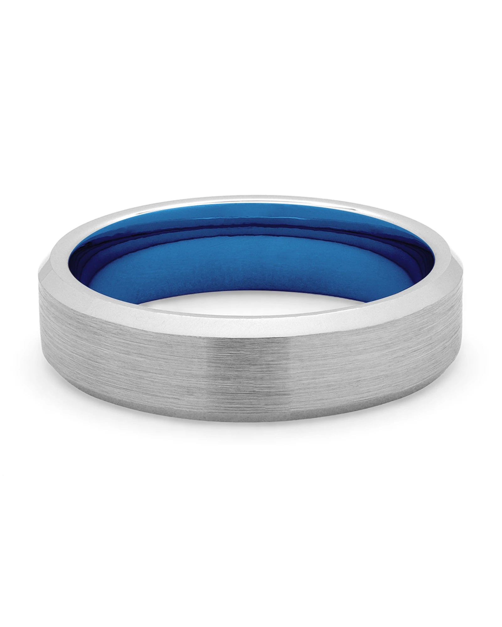 Front view of silver and blue 6mm tungsten wedding band