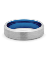 Front view of silver and blue 6mm tungsten wedding band