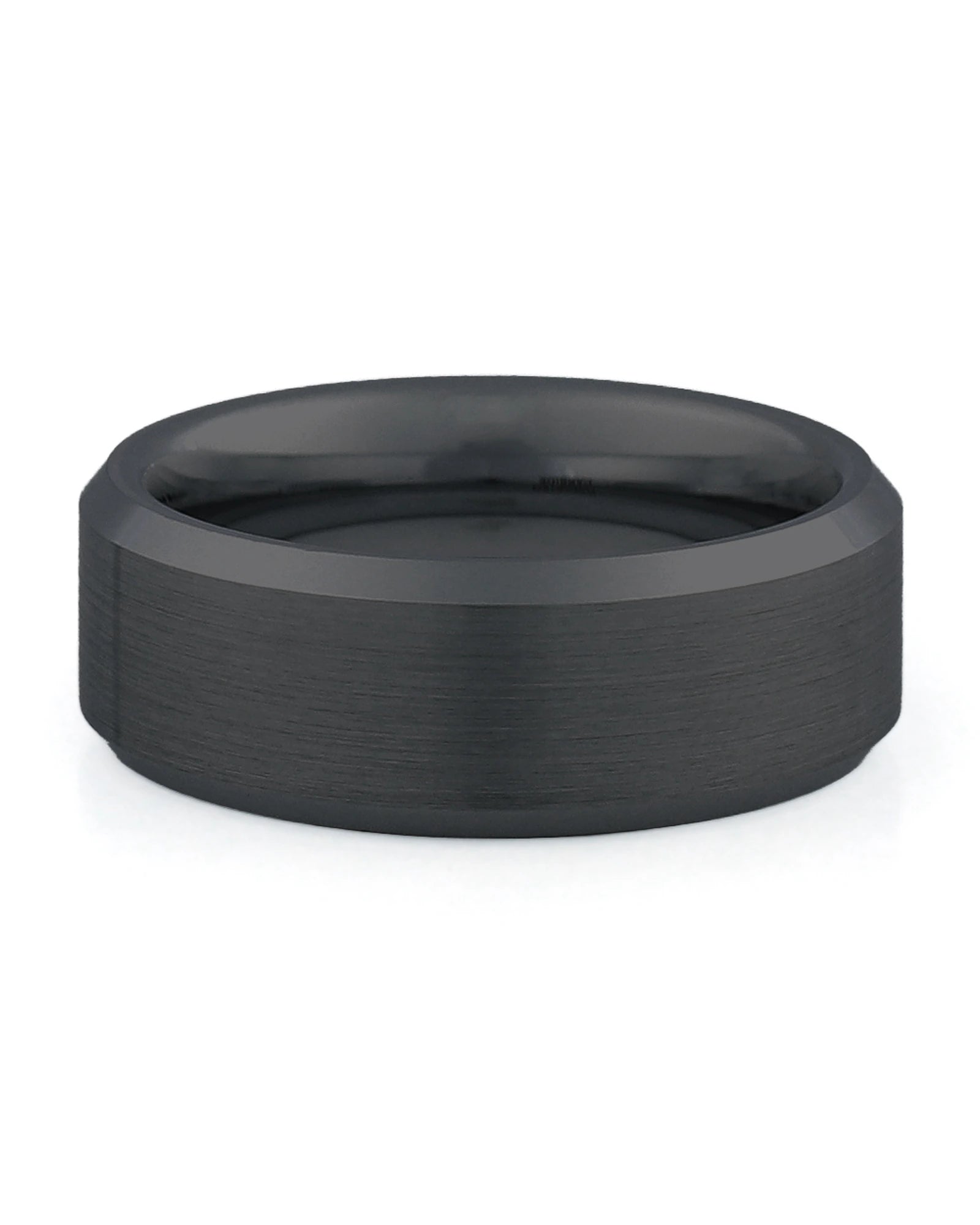 Side view of black 8mm bevelled tungsten wedding ring