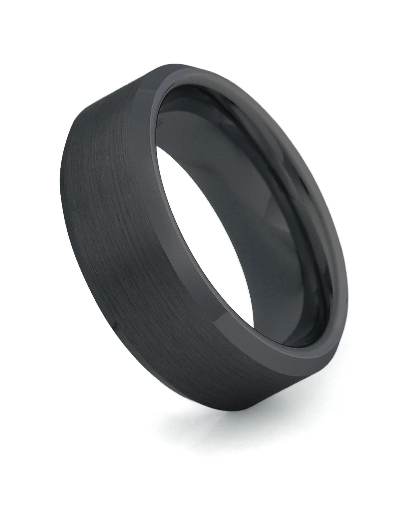Black 8mm bevelled tungsten wedding ring shown at an angle