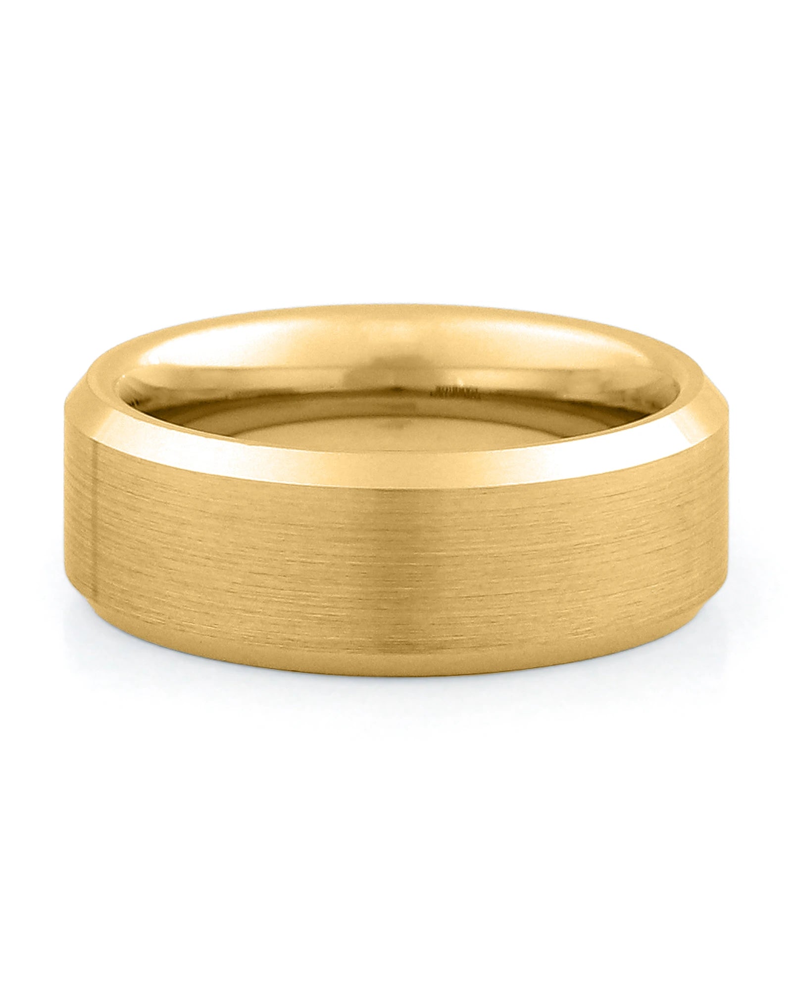 Front view of gold 8mm bevelled tungsten wedding band
