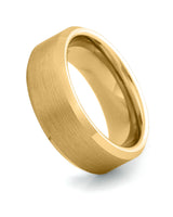 Gold 8mm bevelled tungsten wedding ring shown at an angle