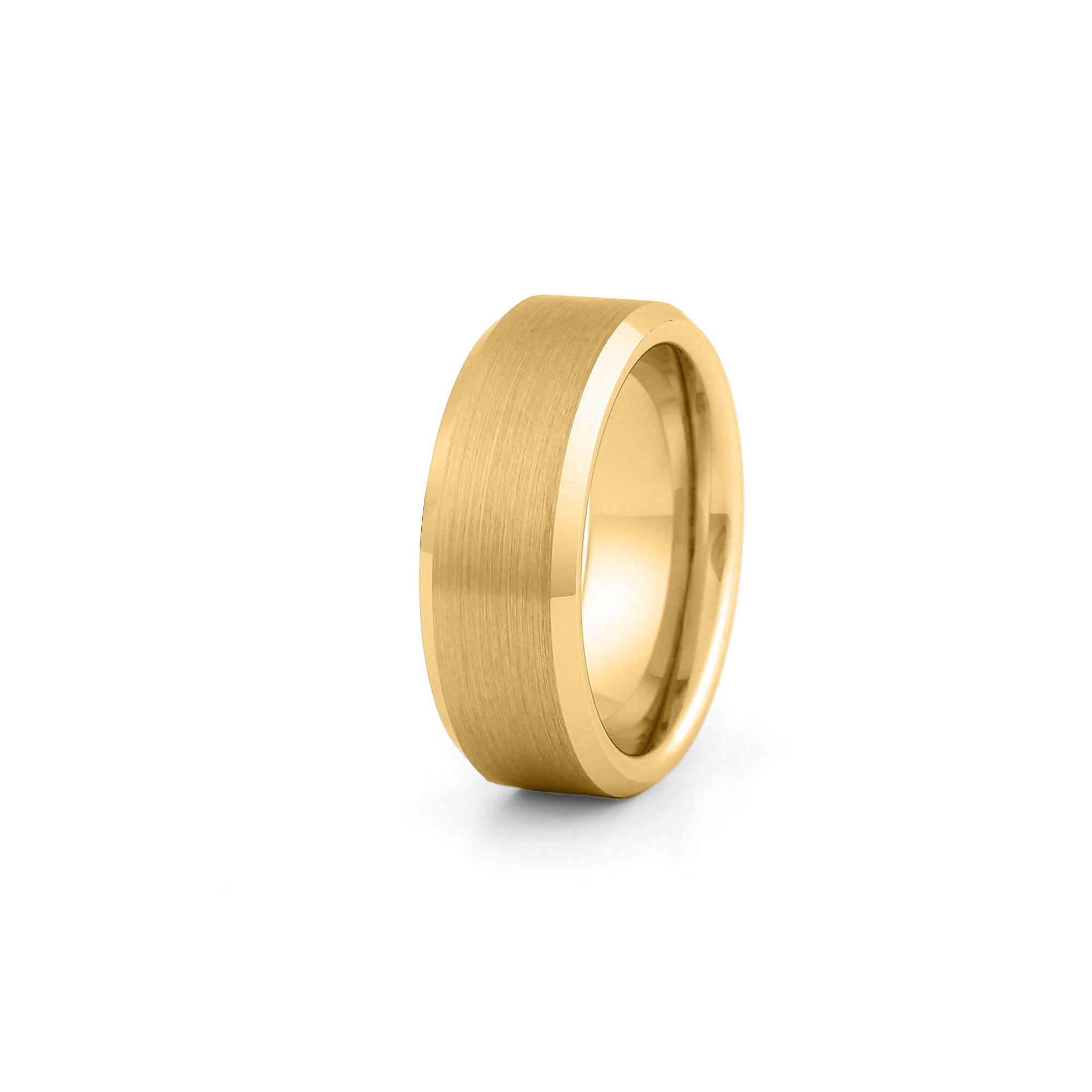 Gold tungsten wedding ring brushed centre polished beveled edges 8mm