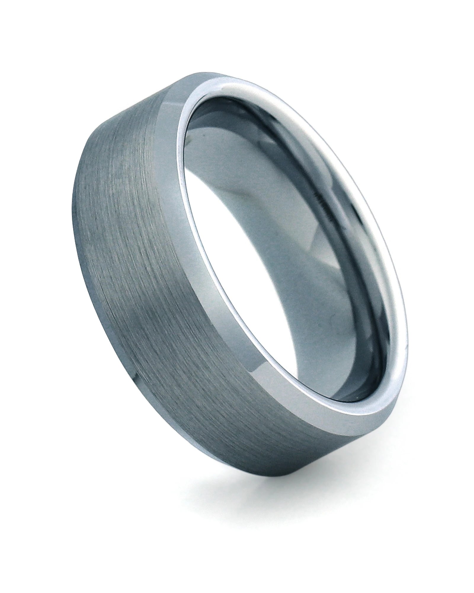 Gunmetal 8mm bevelled tungsten wedding ring shown at an angle