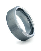 Gunmetal 8mm bevelled tungsten wedding ring shown at an angle