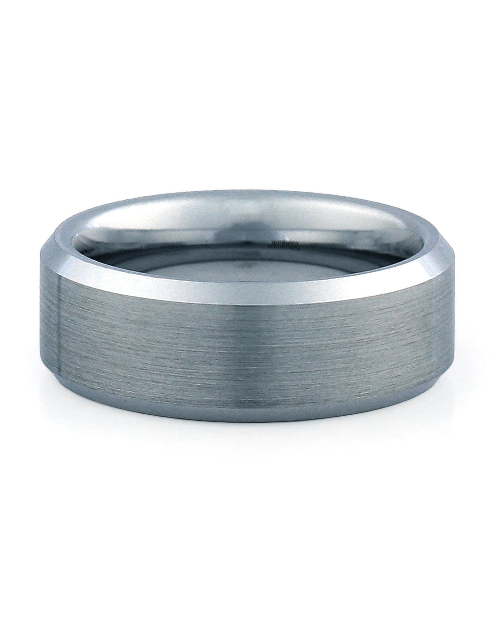 Front view of gunmetal 8mm bevelled tungsten wedding band