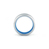 Silver tungsten wedding ring with blue sleeve brushed centre polished beveled edges 8mm