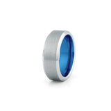 Silver tungsten wedding ring with blue sleeve brushed centre polished beveled edges 8mm
