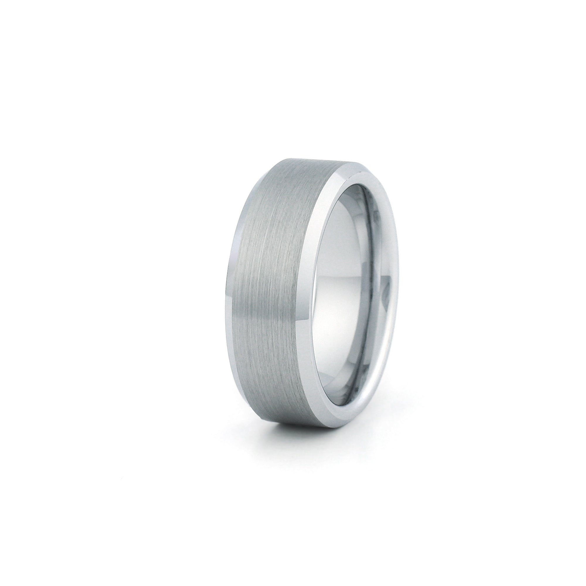 Silver tungsten wedding ring brushed centre polished beveled edges 8mm