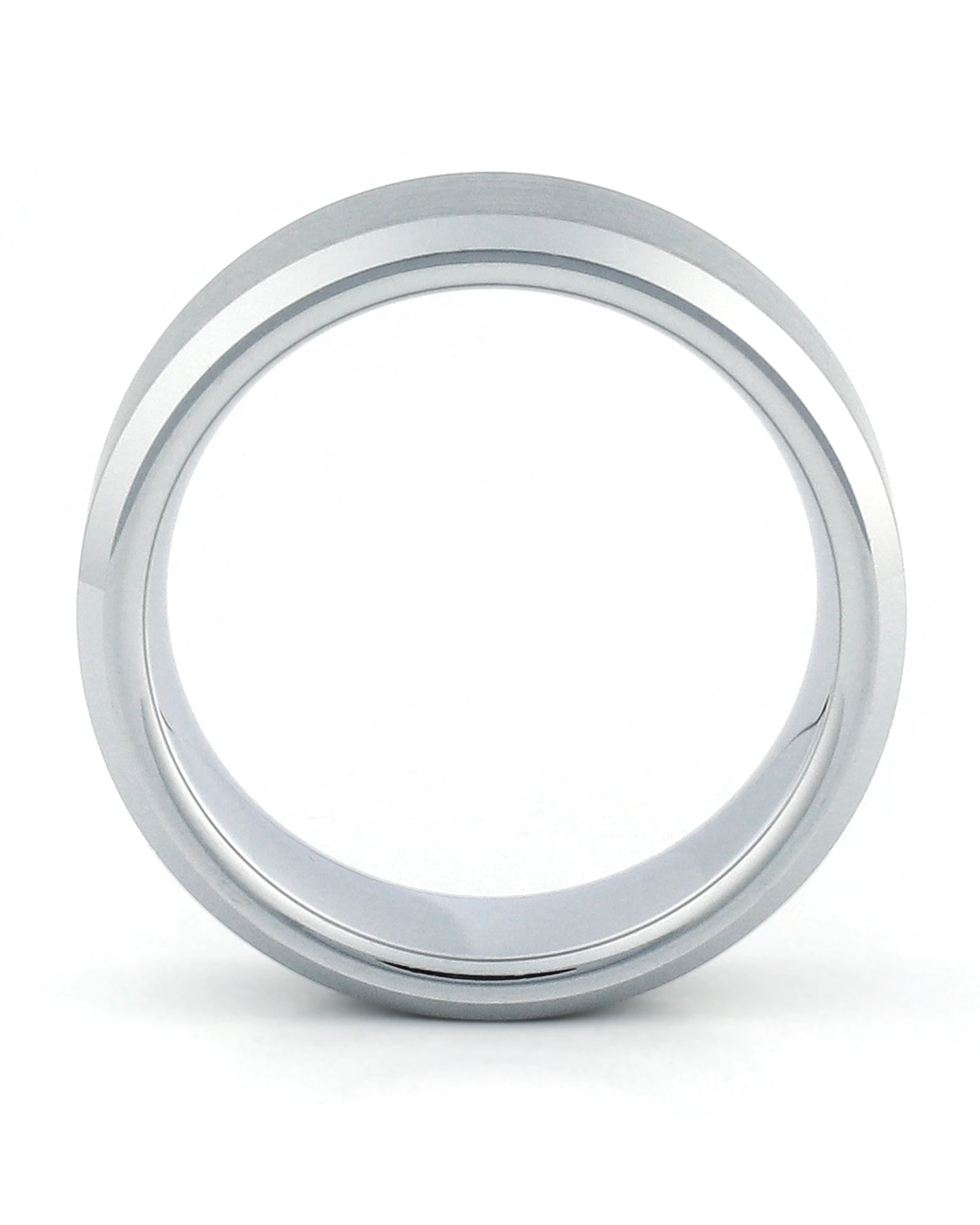 Side view of silver 8mm bevelled tungsten wedding ring