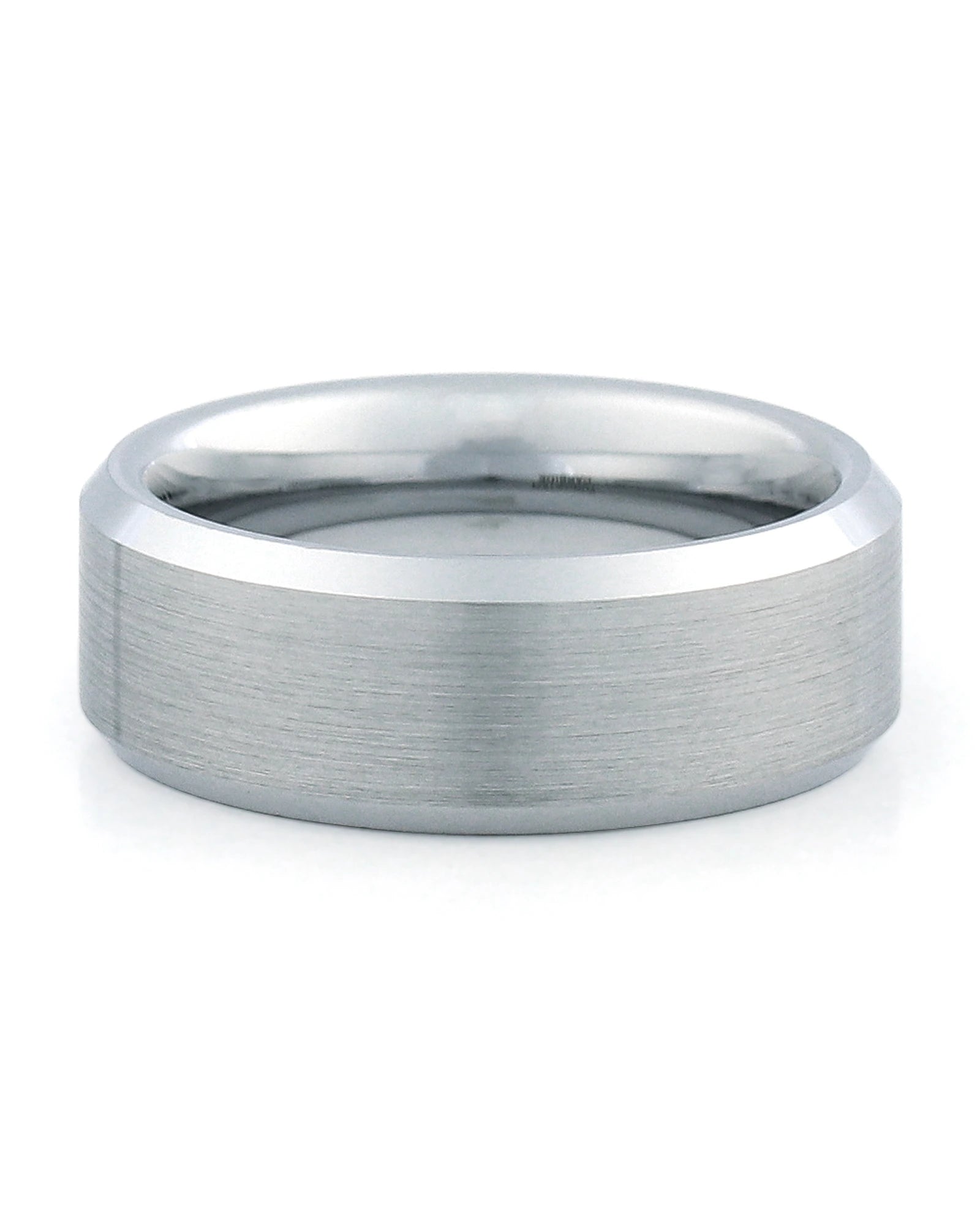 Front view of silver 8mm bevelled tungsten wedding band
