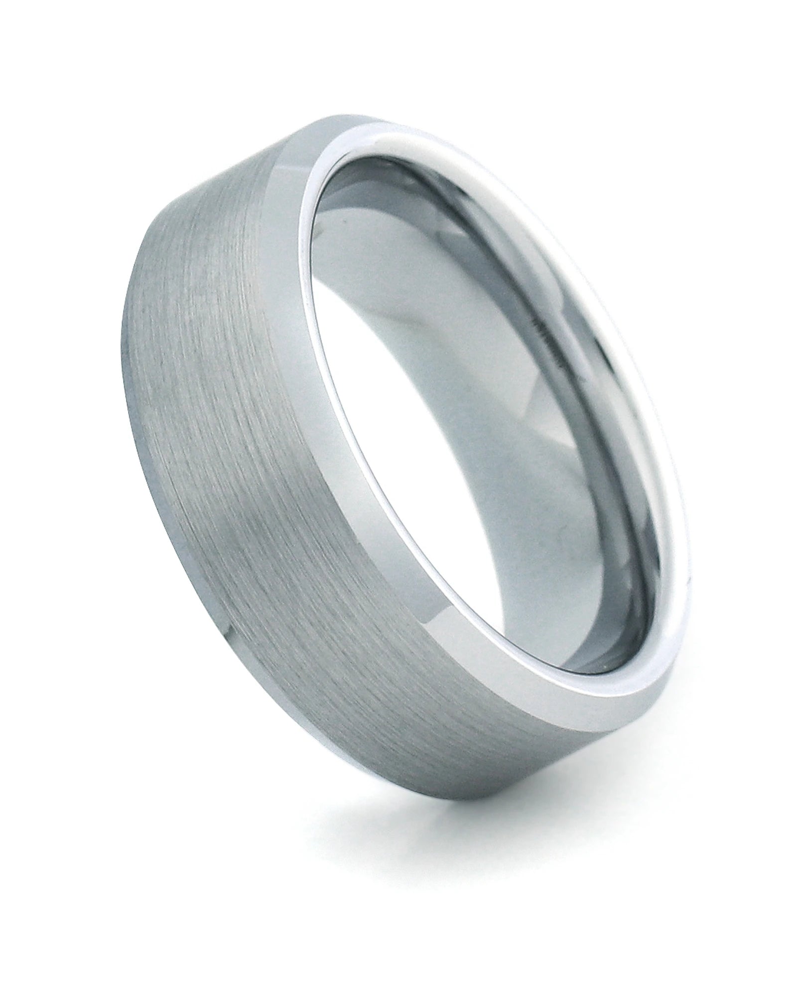 Silver 8mm bevelled tungsten wedding ring shown at an angle