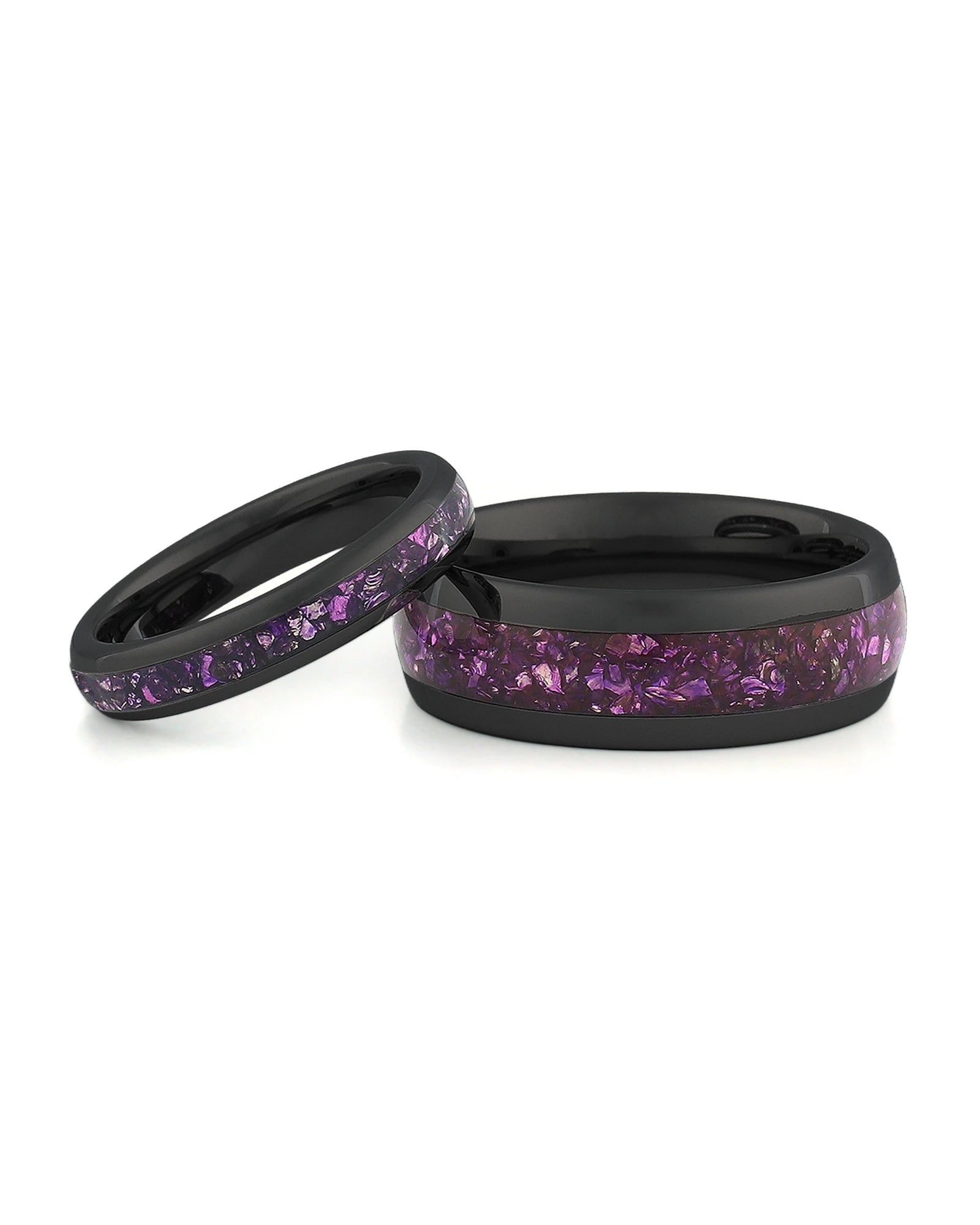 Black amethyst tungsten couples wedding ring set shown together