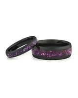 Black amethyst tungsten couples wedding ring set shown together