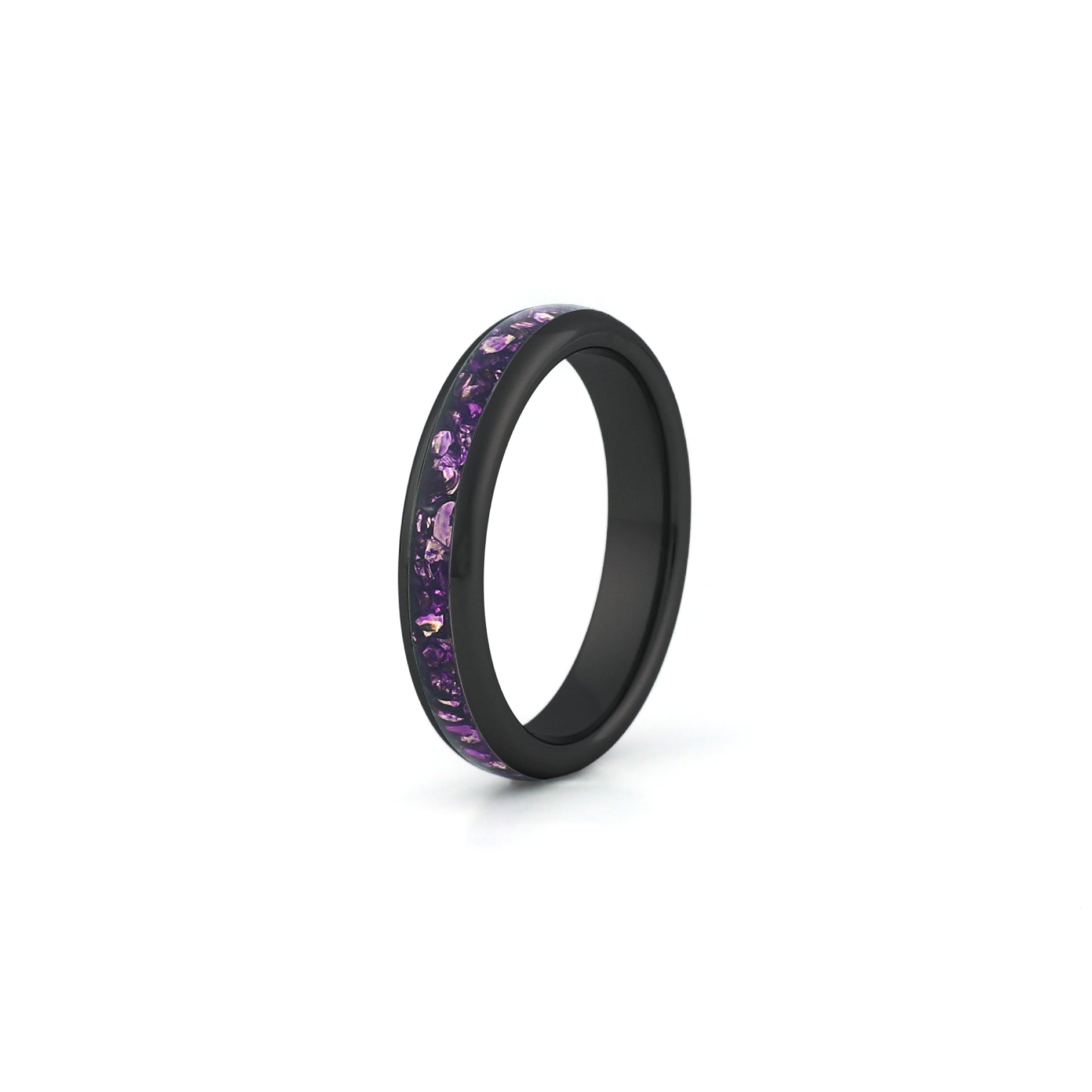 4mm black amethyst wedding band with purple gemstone inlay
