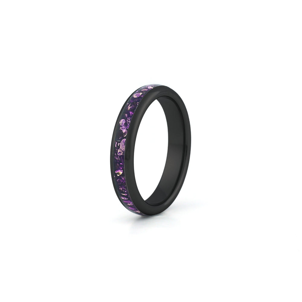 4mm black amethyst wedding band with purple gemstone inlay
