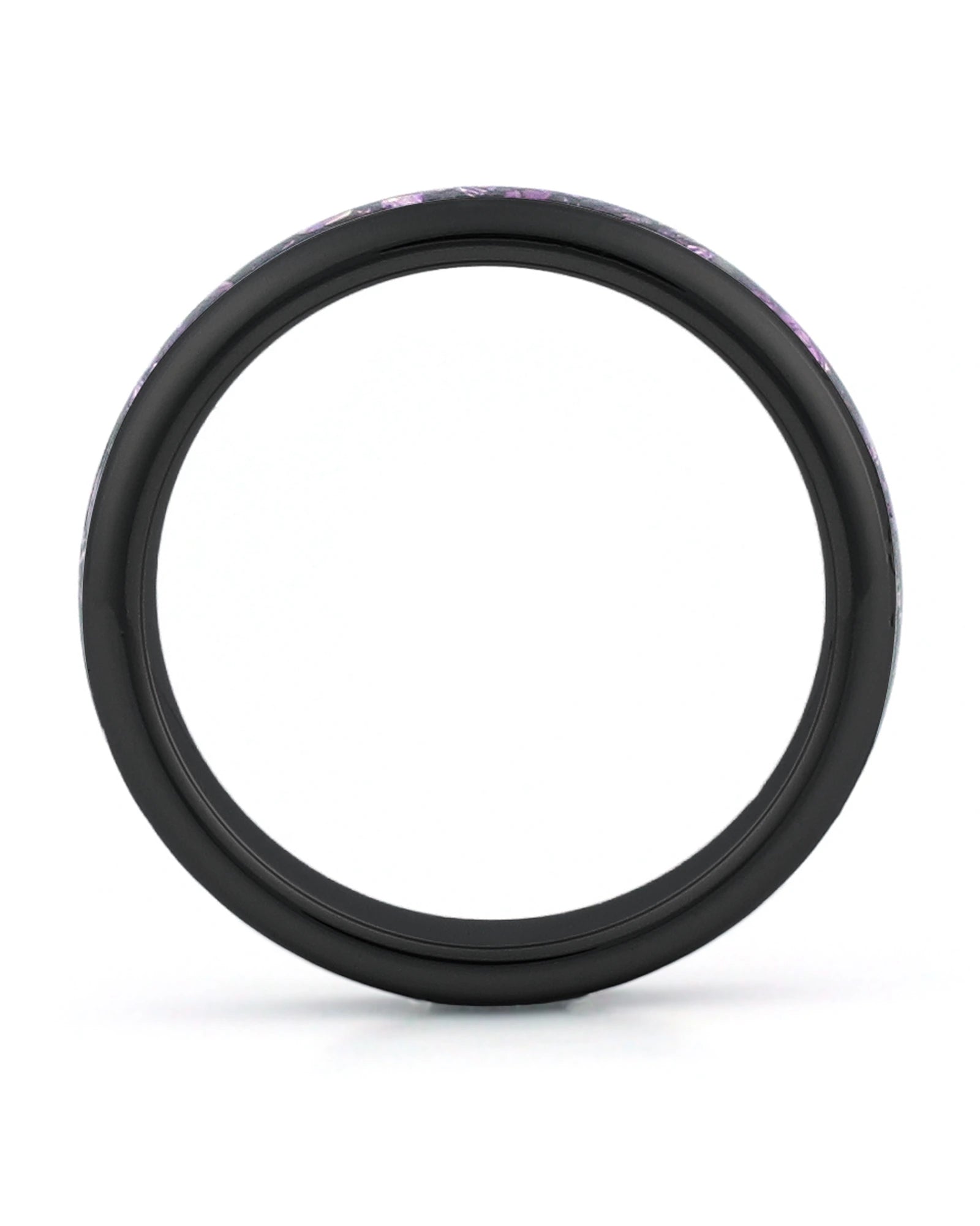 Side view of black 4mm tungsten wedding ring with amethyst inlay