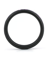 Side view of black 4mm tungsten wedding ring with amethyst inlay