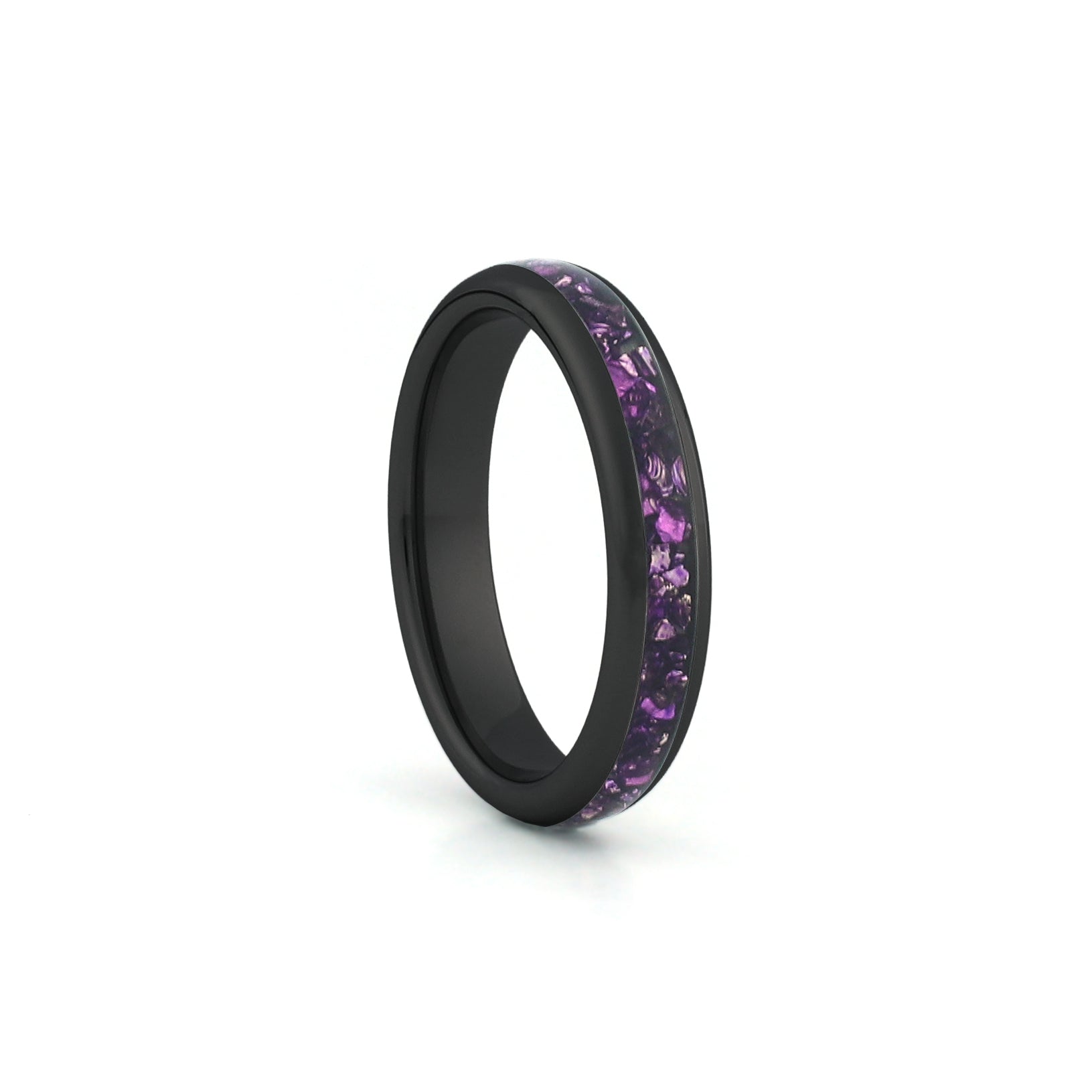 4mm black amethyst wedding band with purple gemstone inlay