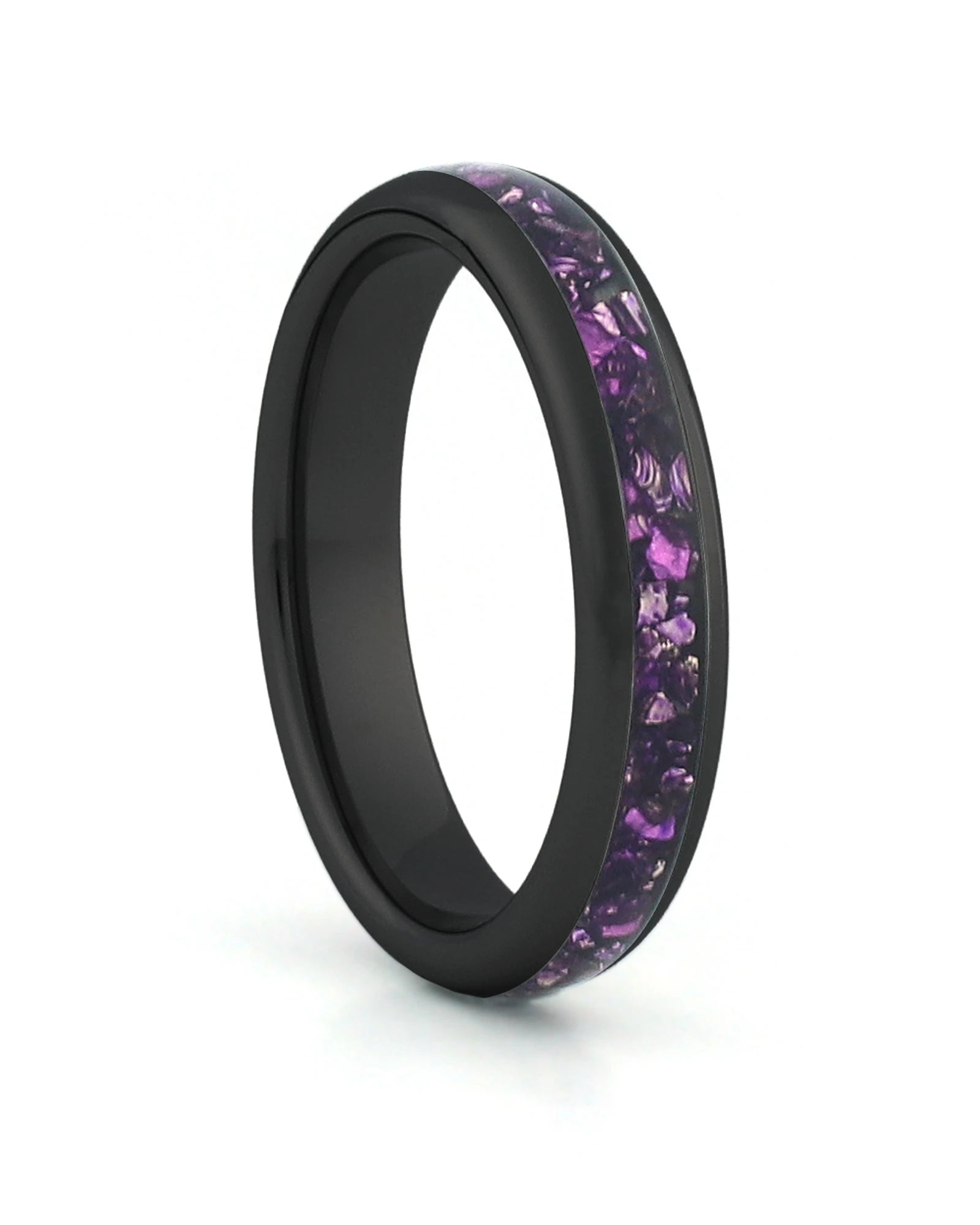 Black 4mm tungsten ring with purple amethyst inlay shown at an angle