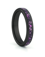Black 4mm tungsten ring with purple amethyst inlay shown at an angle