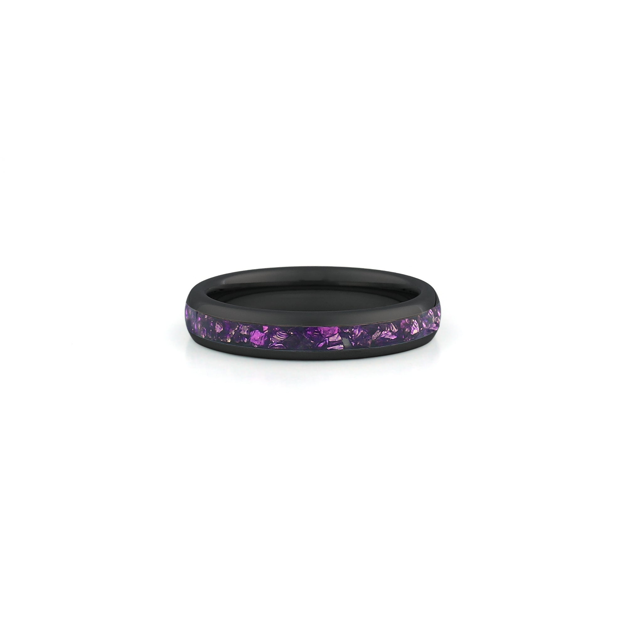 4mm black amethyst wedding band with purple gemstone inlay