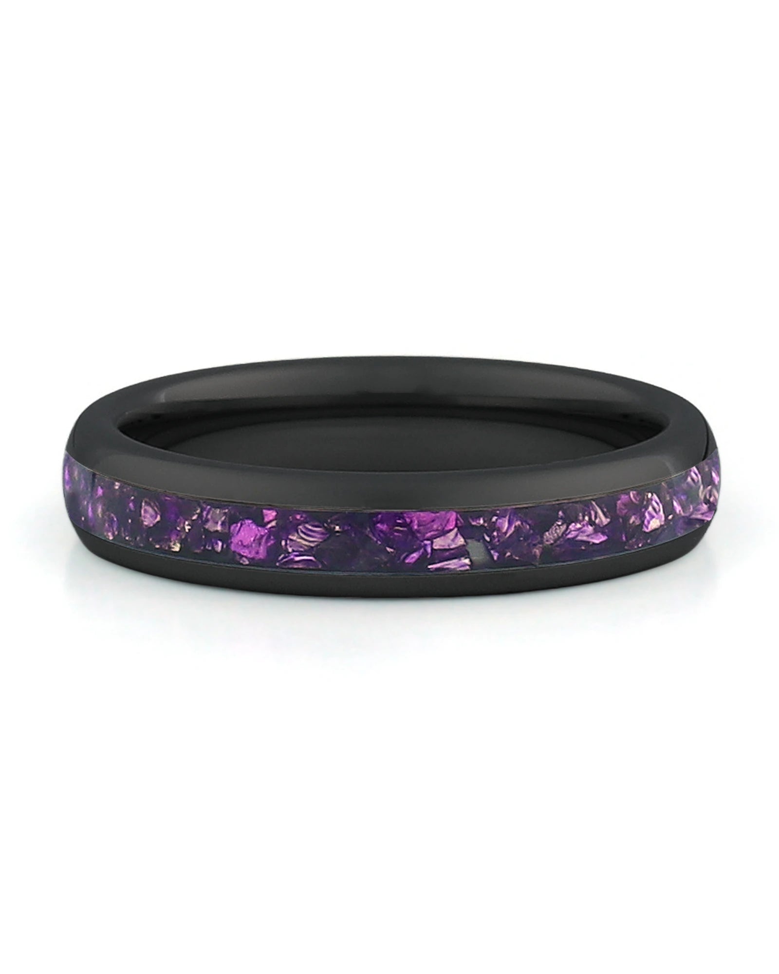 Front view of black 4mm amethyst tungsten wedding band