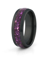 Men's black tungsten wedding ring with amethyst stone inlay, 8mm band
