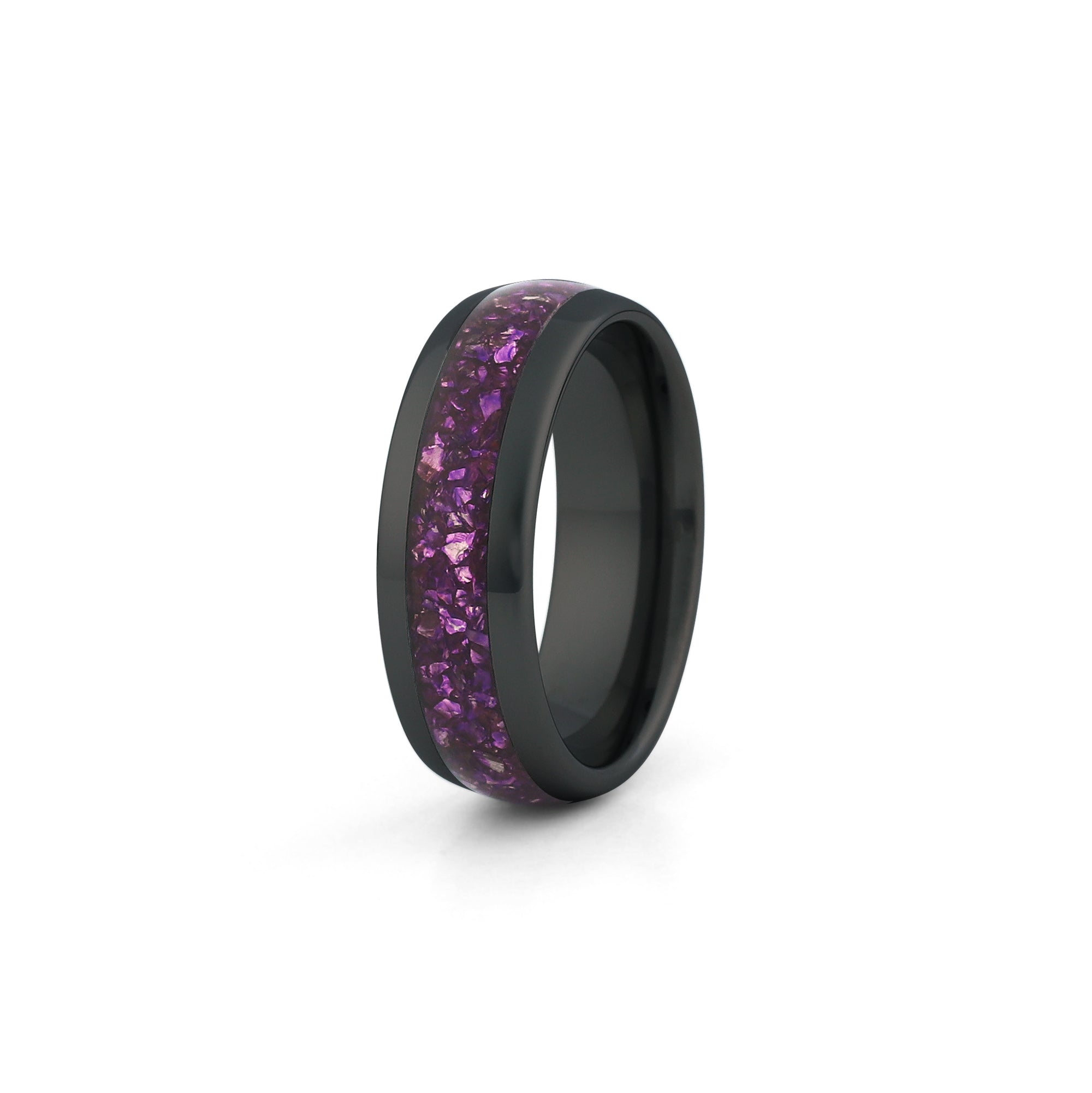 black tungsten ring set with amethyst inlay