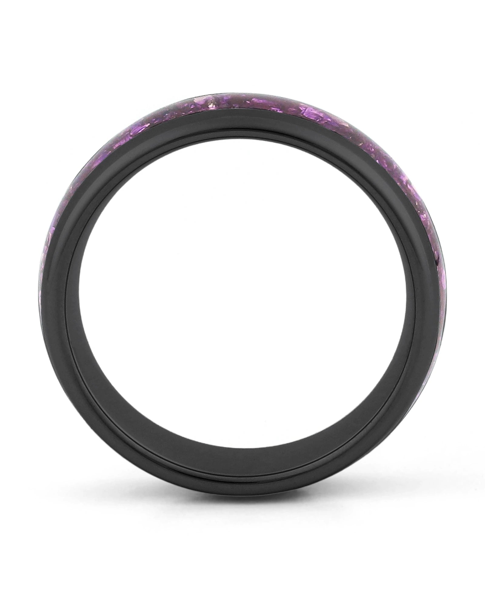 Side view of black 8mm tungsten wedding ring with amethyst inlay