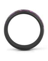 Side view of black 8mm tungsten wedding ring with amethyst inlay