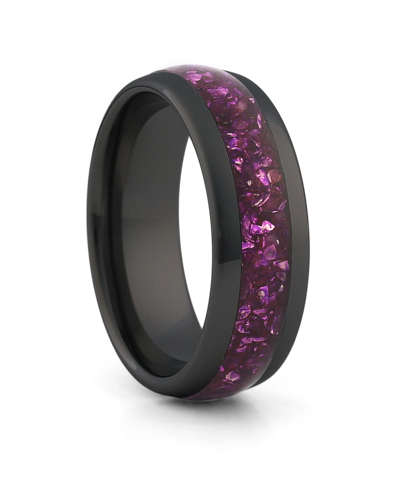 Black 8mm tungsten ring with purple amethyst inlay shown at an angle
