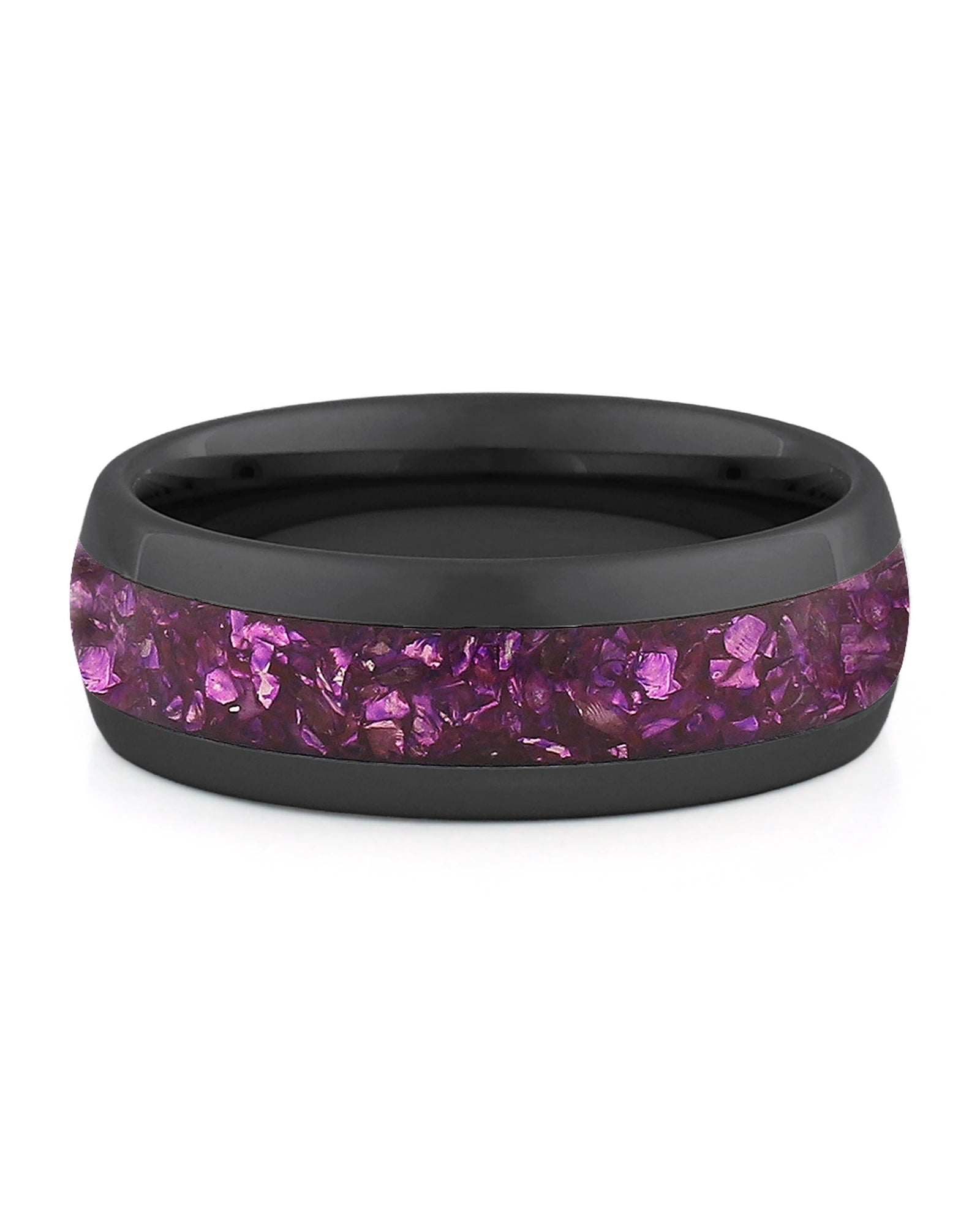 Front view of black 8mm amethyst tungsten wedding band