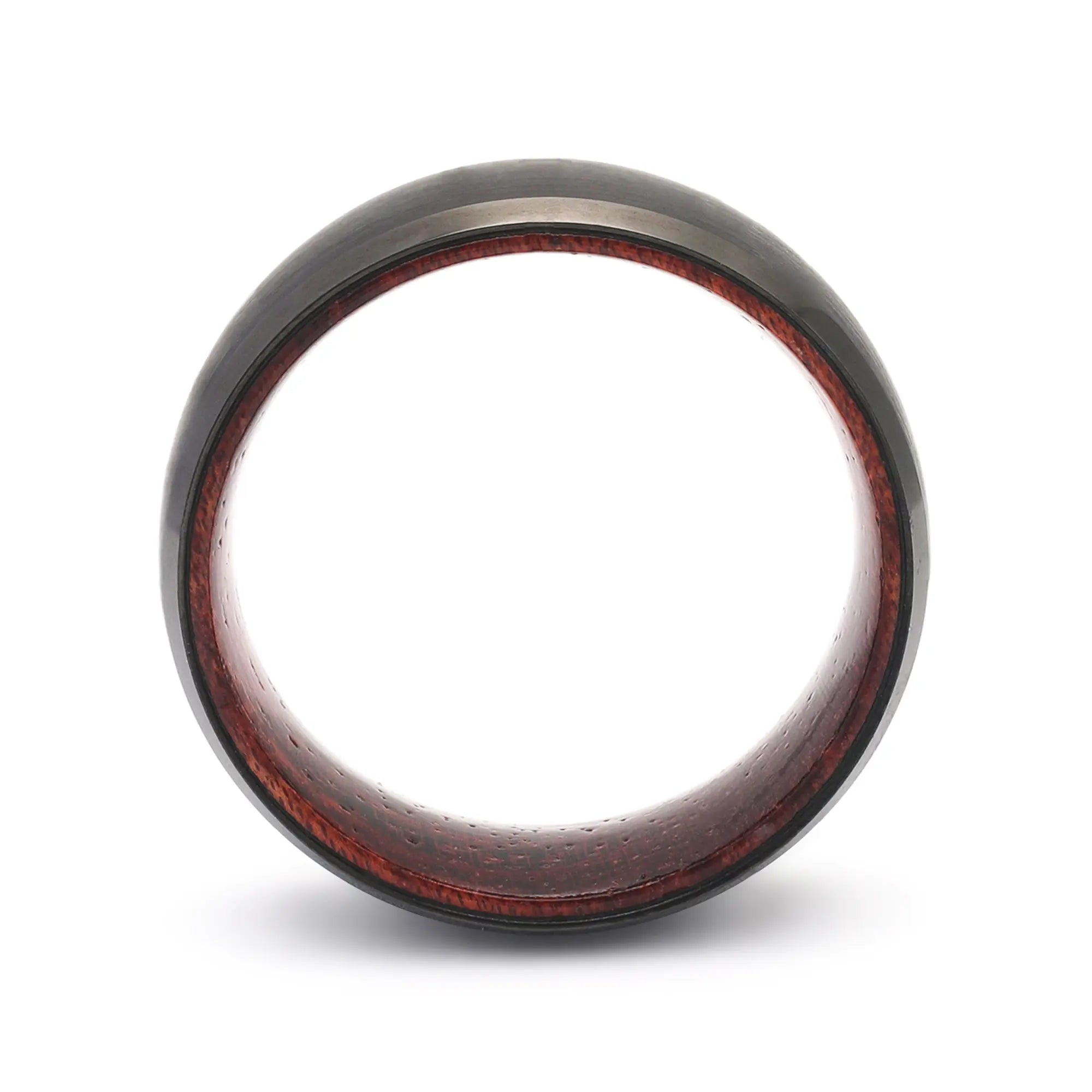 Side profile of a black beveled tungsten whiskey barrel wedding ring with a reclaimed maple wood interior.