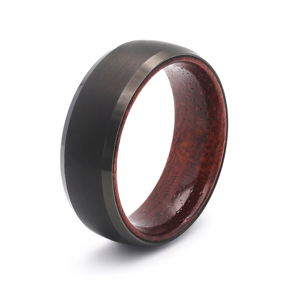 Black beveled tungsten whiskey barrel wedding ring with a real maple wood interior.